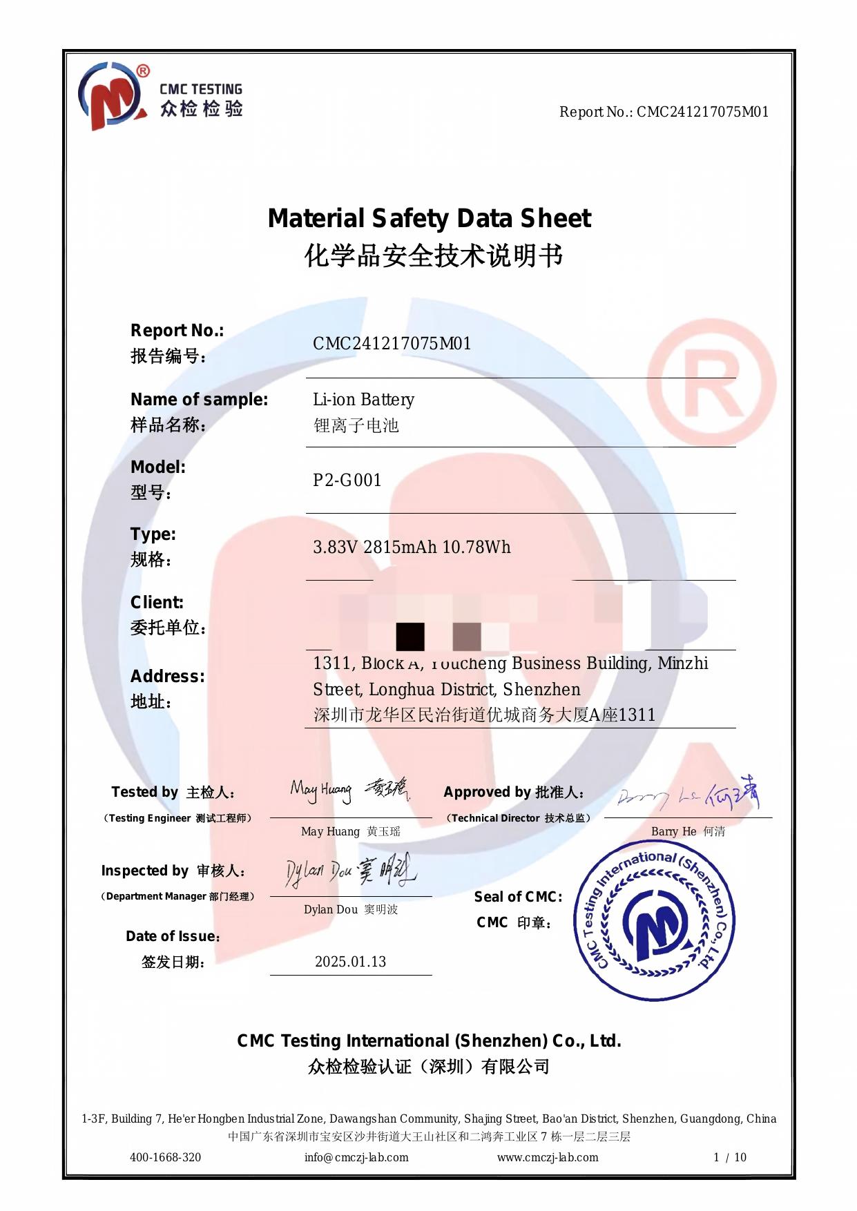 MSDS Report — cover page issued to Kingdat Trading Co., Ltd